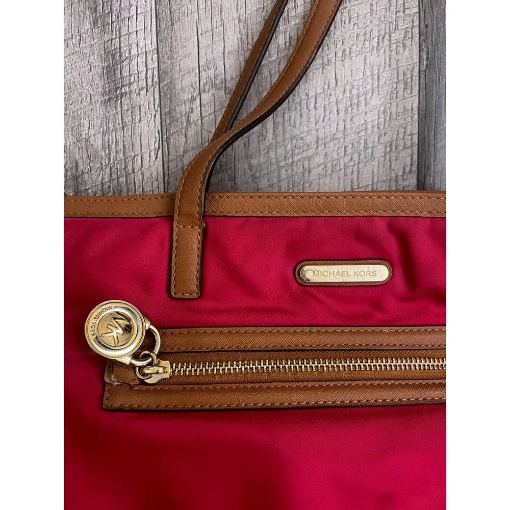 Michael Kors Pink Nylon Saffiano Leather Trim‎ Tote Bag Gold Hardware MK Logo